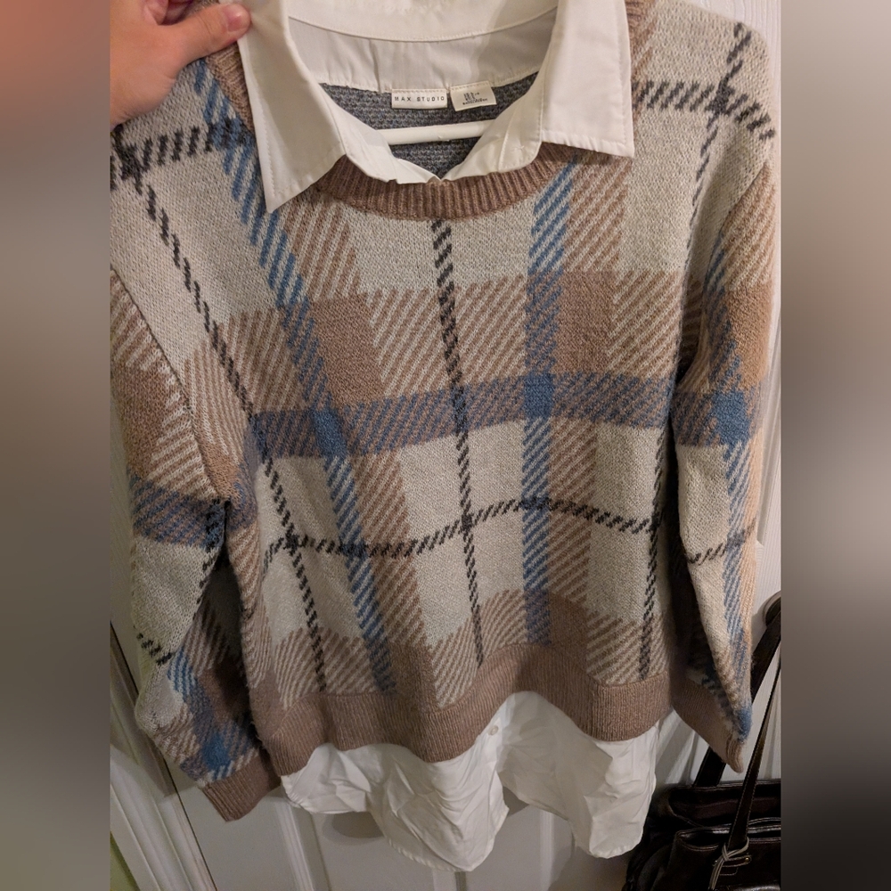 Beige and Blue Plaid Sweater with White Layer